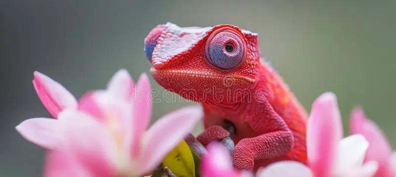 Roze Chameleon Op Flowers CloseUp Van Een Colorful Reptile ...